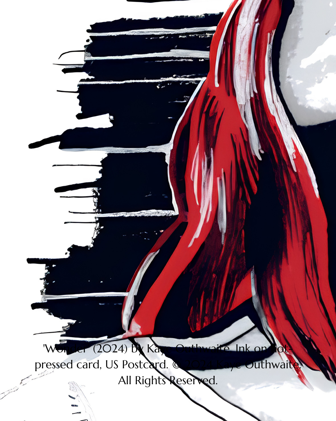 Close-up of upward-tilted face in Wonder, ink portrait by Kaye Outhwaite with bold red hair
