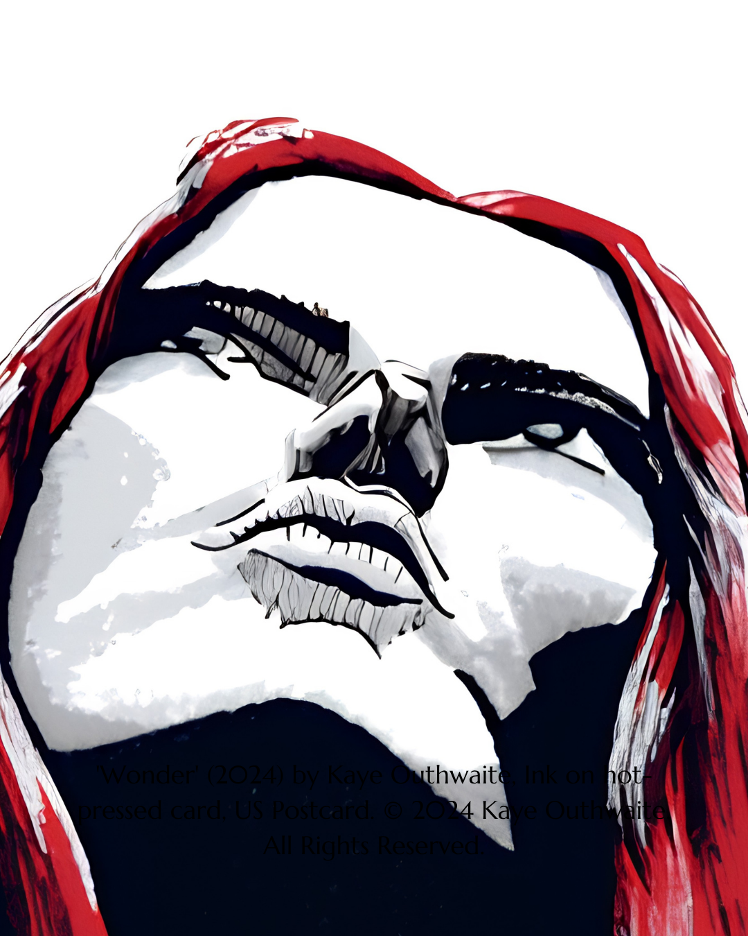 Detail of eyes and lips in Wonder, comic-style ink portrait by Kaye Outhwaite
