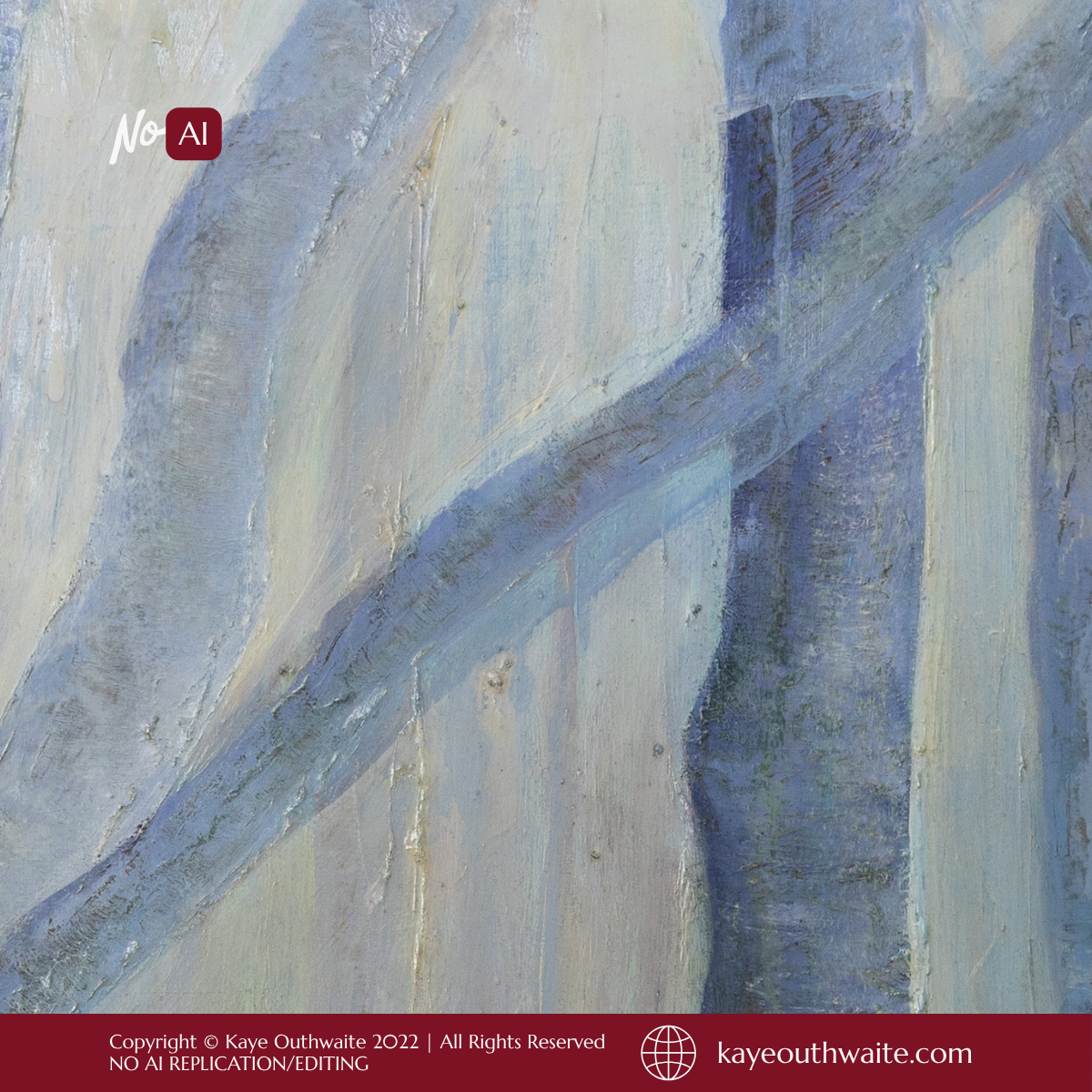 Close-up of tree branches and winter forest detail in Kaye Outhwaite's 'Forest in Blue' painting