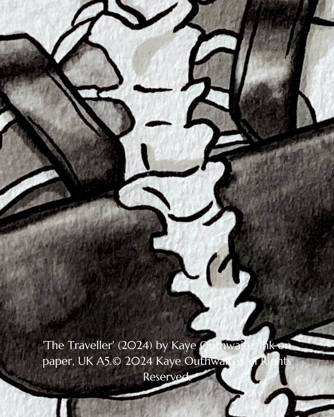 Detail of skull and shoulder linework in The Traveller, ink illustration by Kaye Outhwaite