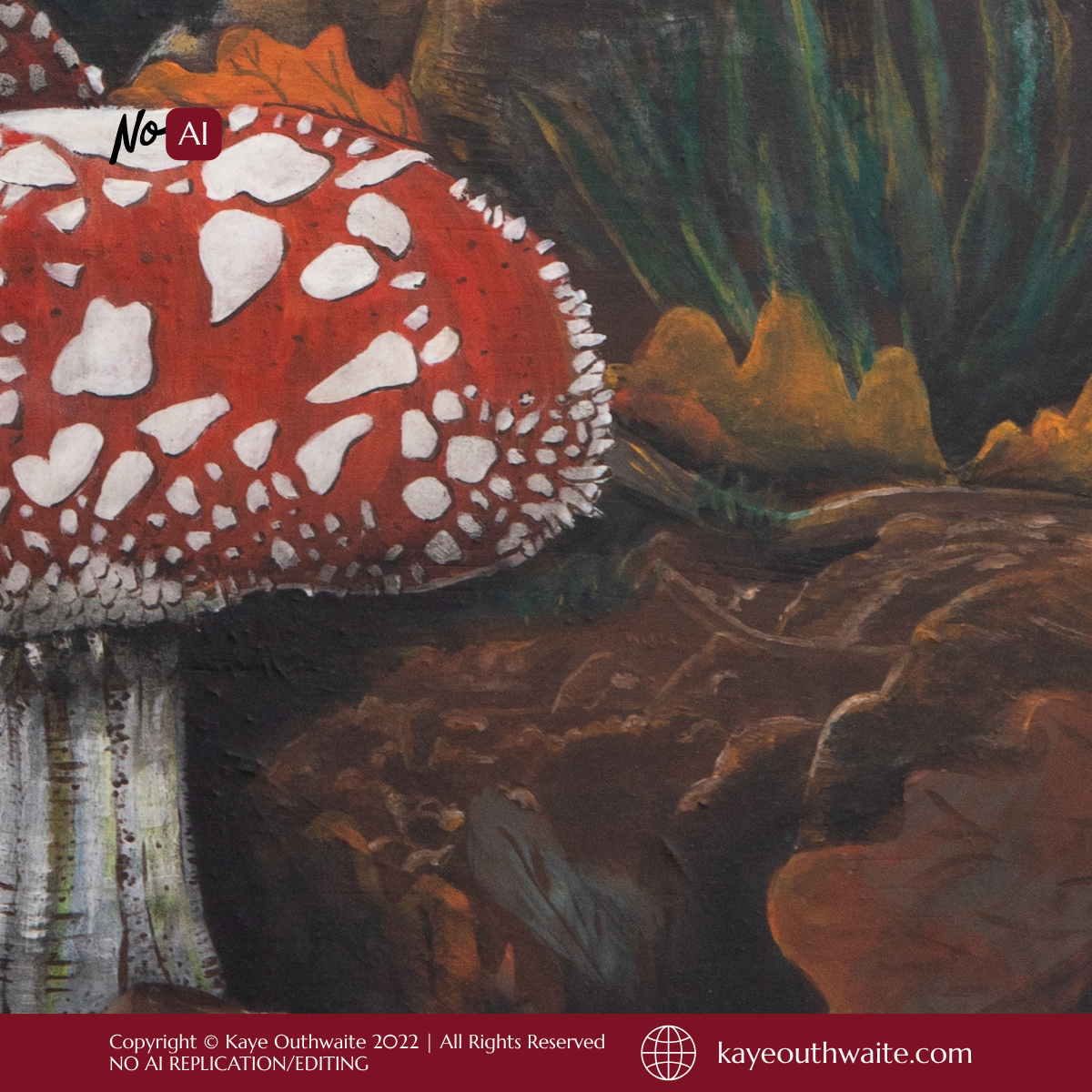 Close-up of tree and woodland texture in 'Mushroom Forest' mixed media artwork