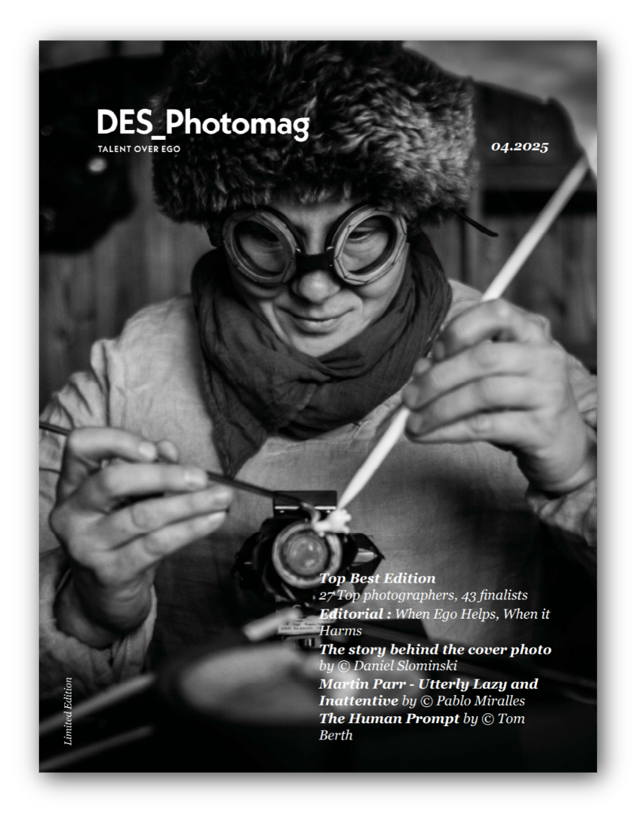 Black and white cover photo showing a person wearing goggles, a fur hat, and scarf, working on a camera with a pipette. The text mentions 'DES Photomag,' a photography magazine, with issue details and articles listed.