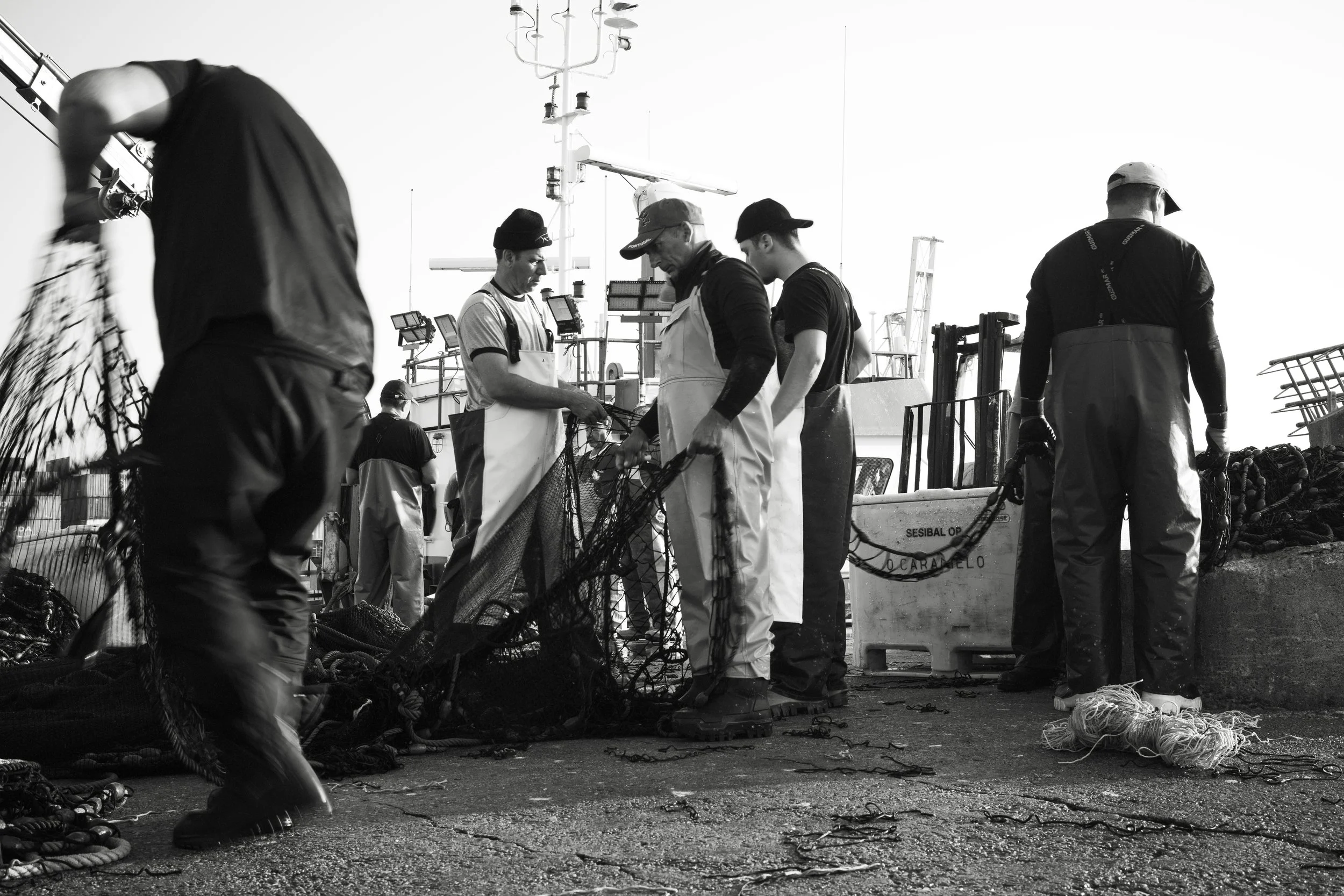 Seafood workers preparing fishing nets on a dock with boats in the background.
