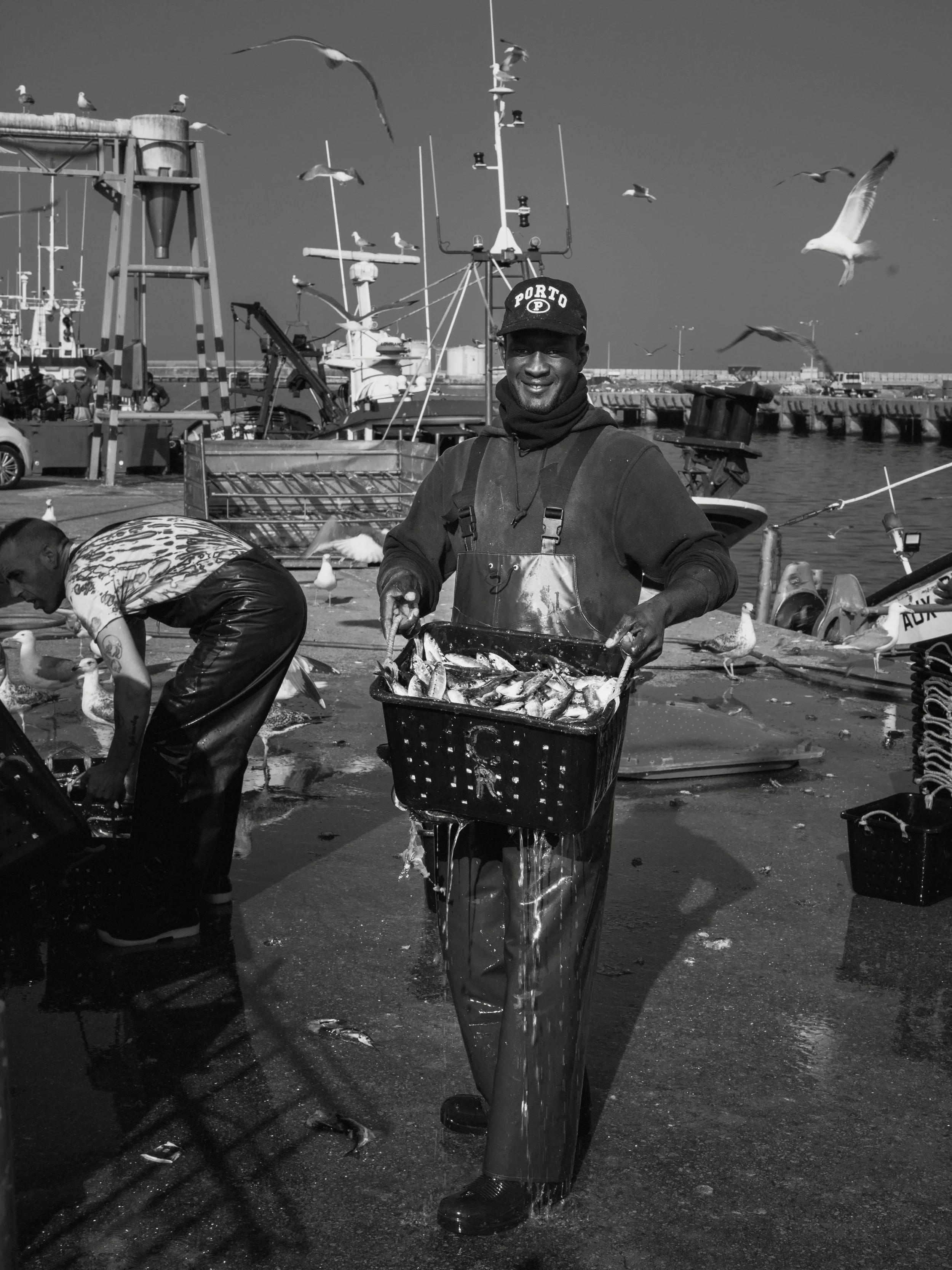 A fisherman in waterproof pants and a cap, holding a basket of fish at a busy dock with seagulls flying overhead and boats in the background.