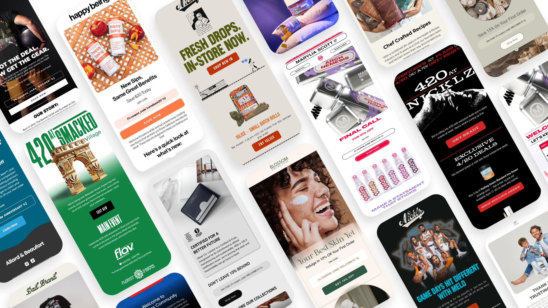 Collection of mobile app screens showcasing various promotional offers, product advertisements, and brand messages from different companies, featuring images of products, people, and promotional graphics.