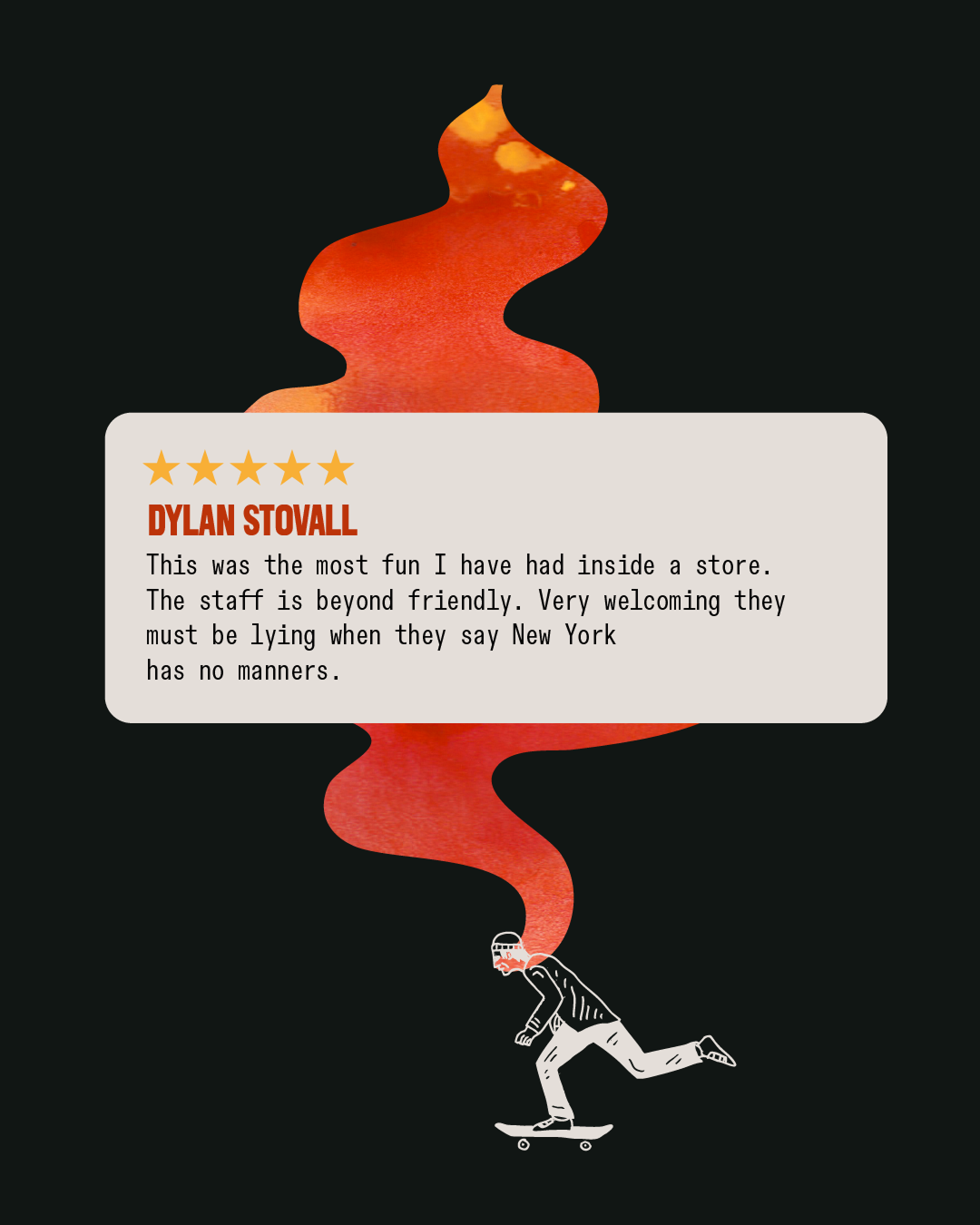 A cartoon illustration of a man skateboarding with a trail of red smoke coming from his head. The smoke turns into a red, orange, and yellow abstract shape that resembles a stylized flame or flame-like plume.