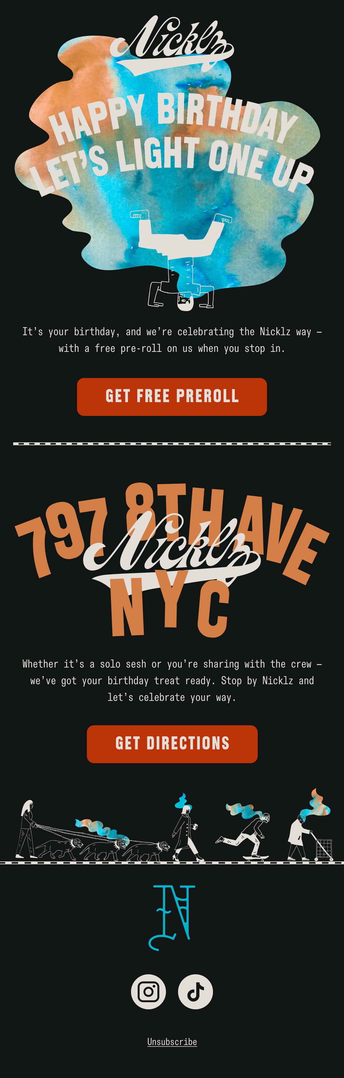 Birthday celebration poster for Nicklz featuring colorful graphics, a skateboarder illustration, and text promoting free pre-rolls with stops at NYC, with call-to-action buttons for free pre-roll and directions.