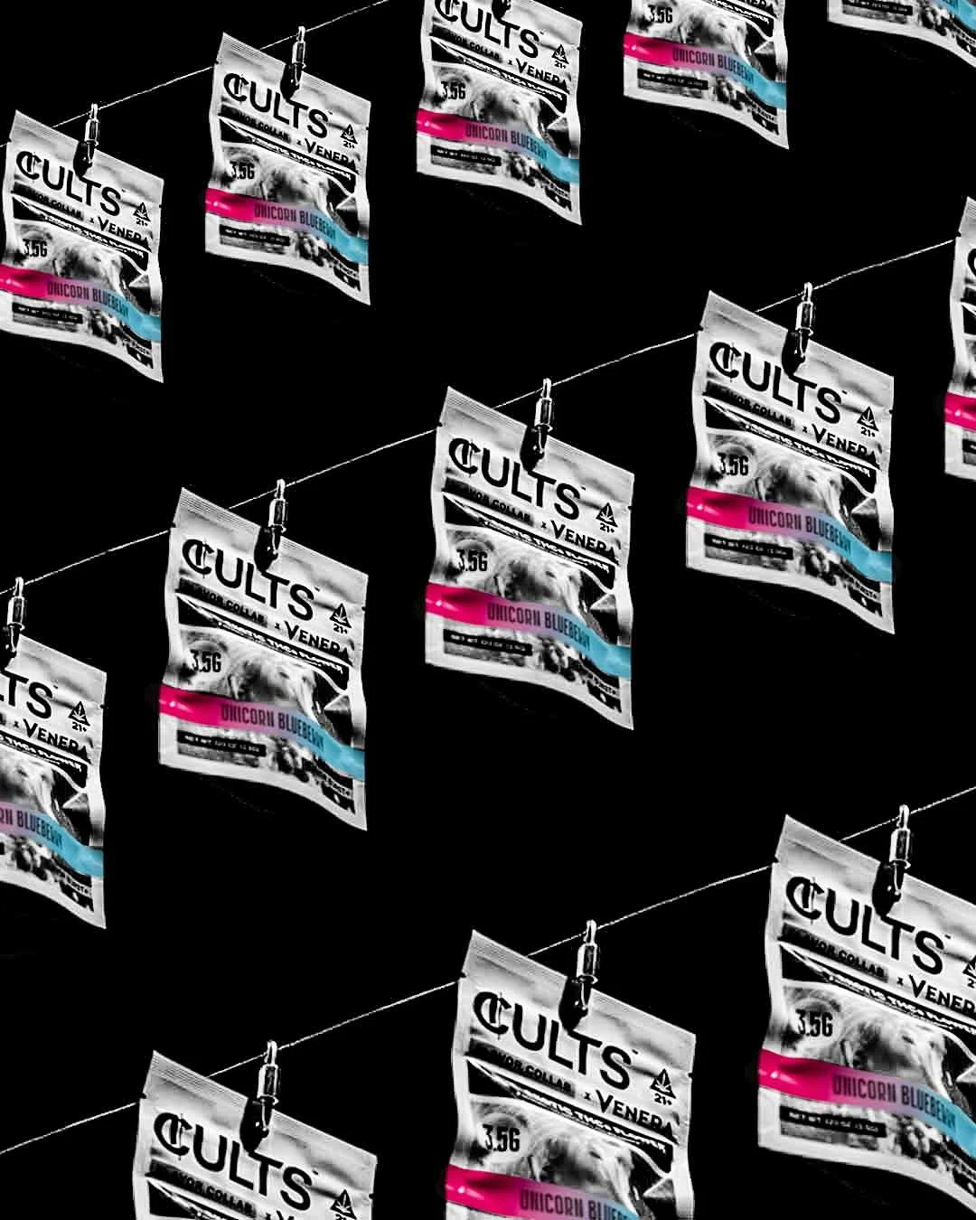 Multiple hanging plastic bags labeled 'CULTS' with flavor 'Unicorn Blueberry' on black background.