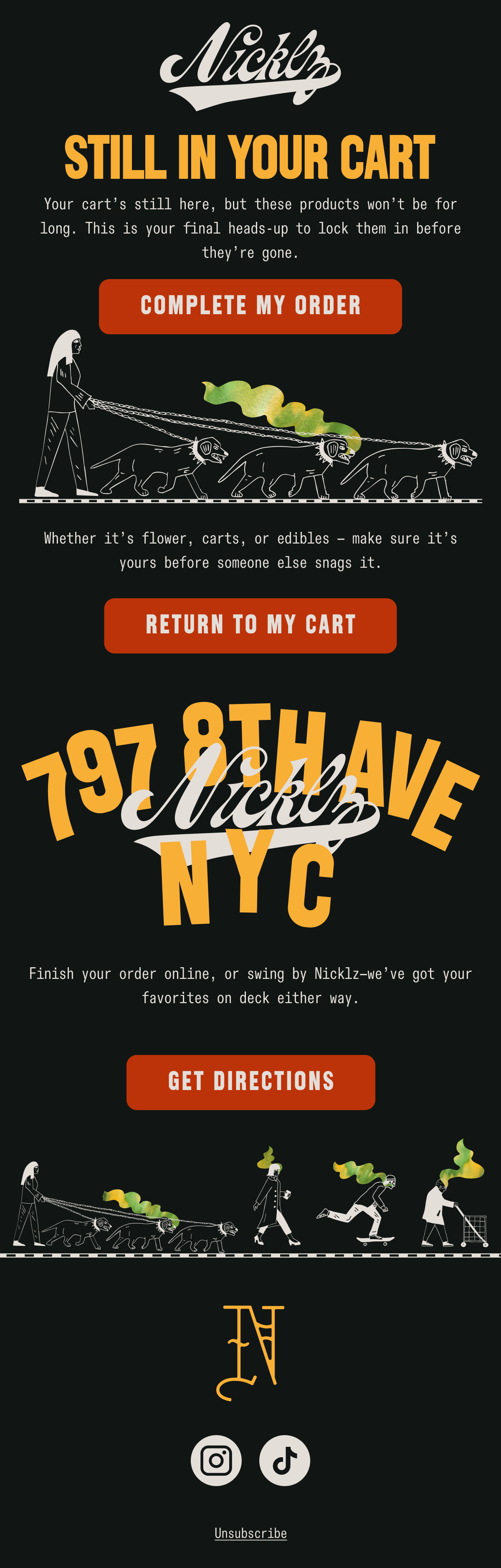 A digital flyer promoting Nicklz, a restaurant located at 197 8th Ave, NYC. It features black background with bold yellow and white text, illustrations of a woman walking dogs, some of which are emitting green smoke, and a stylized East Village map. 