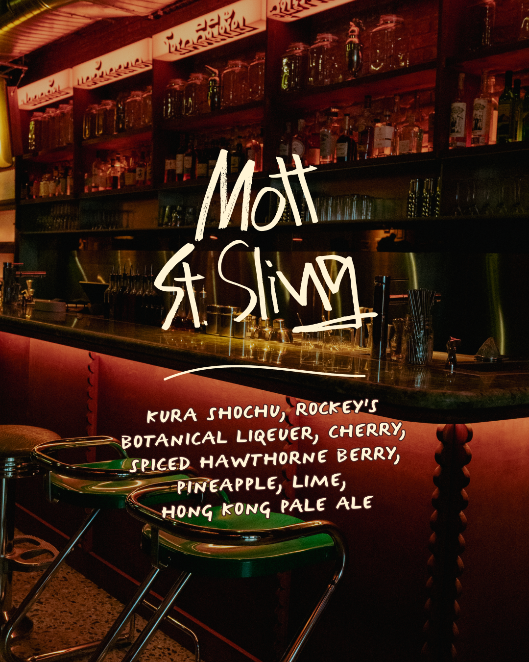 Bar counter with shelves of liquor bottles and jars, dim lighting, neon signs, and handwritten menu featuring signature cocktails with cherry, spiced hawthorne berry, pineapple, lime, and pale ale.