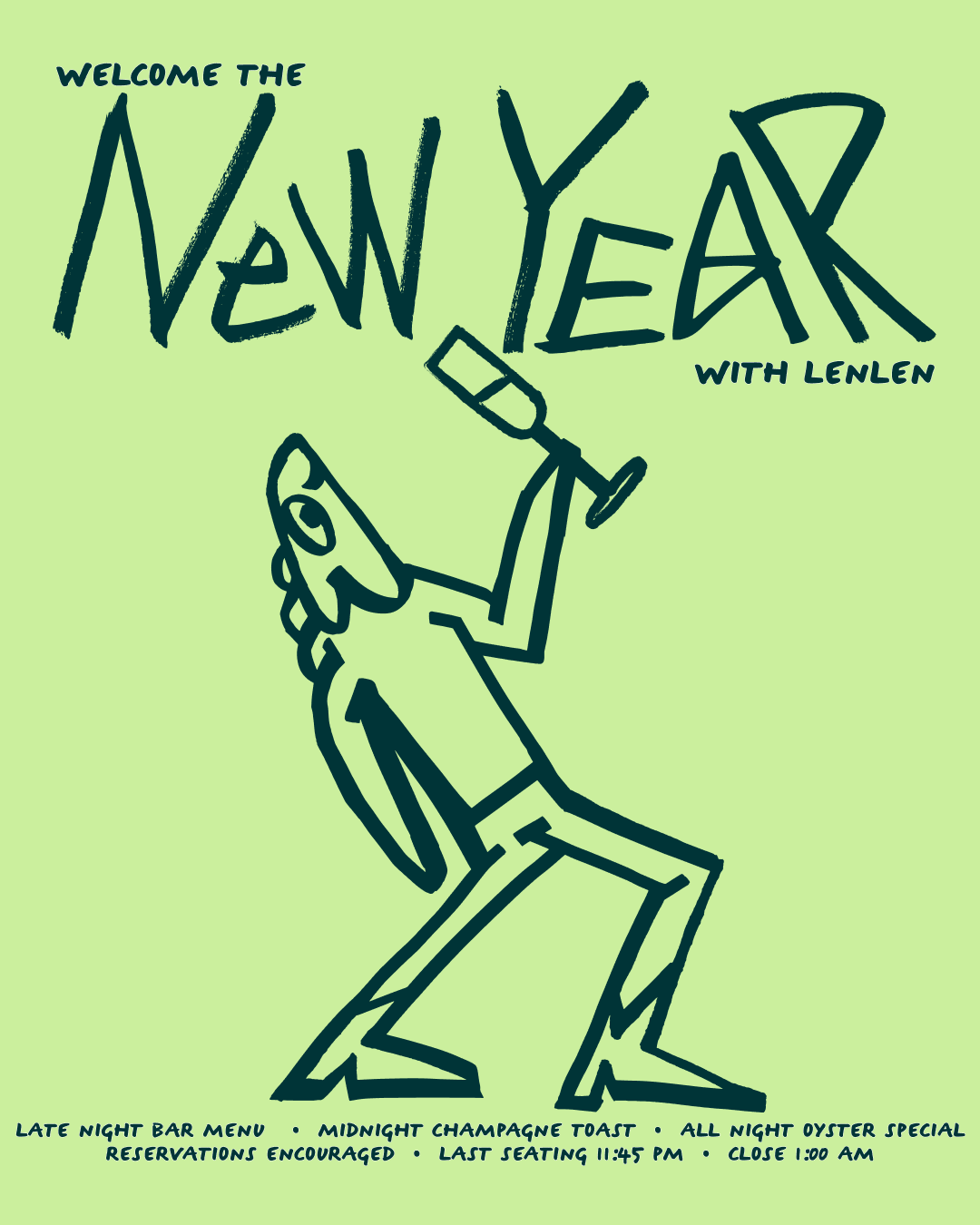 A welcoming poster for New Year with Lenlen, featuring a cartoon figure dancing and holding a wine glass and a phone, with event details at the bottom.