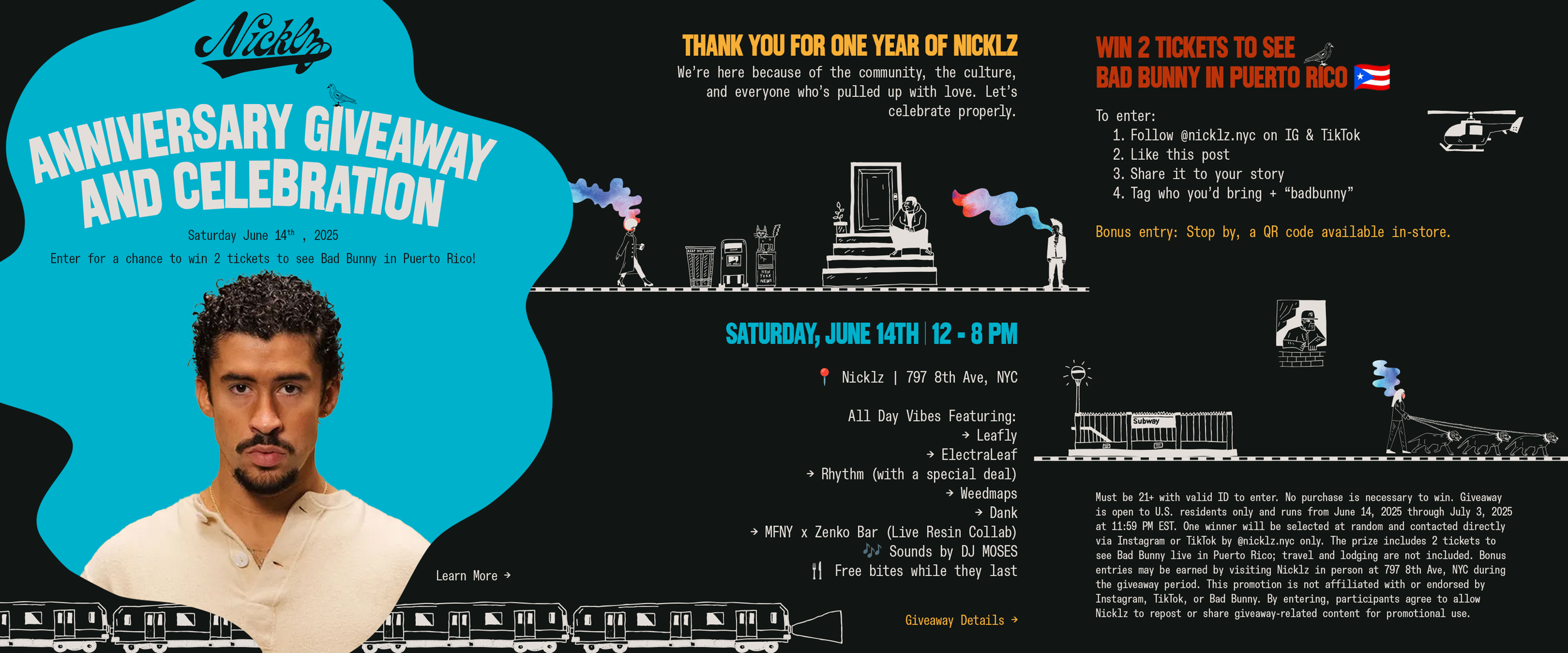 Event poster for Nicklz's anniversary giveaway and celebration on Saturday, June 14th, 2025, from 12 to 8 PM at 797 8th Ave, NYC. The poster features a large portrait of Nicklz, illustrations of subway trains, a helicopter, a person walking with a sm