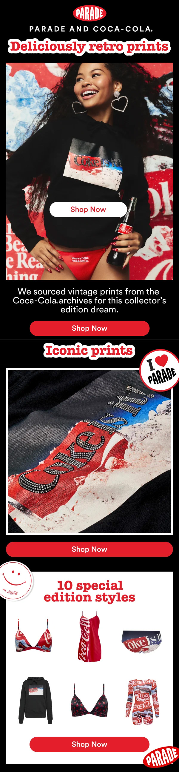 Advertisement for Coca-Cola vintage-inspired apparel featuring a woman wearing a hoodie with a vintage Coke print, holding a Coca-Cola bottle, with promotional text about collectible prints and edition styles.