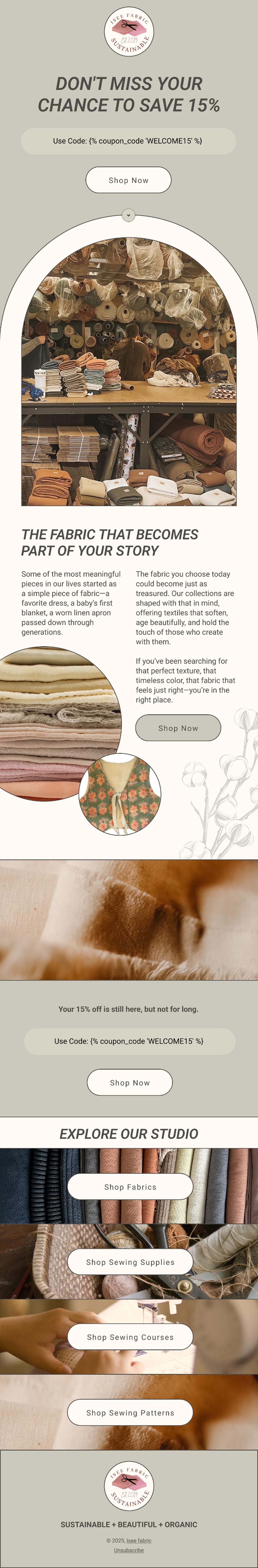 A vertical promotional webpage for a fabric store featuring discounts, fabric selections, sewing supplies, courses, and patterns section. The page includes images of fabric rolls, sewing tools, and a woman sewing, with a neutral beige background and 