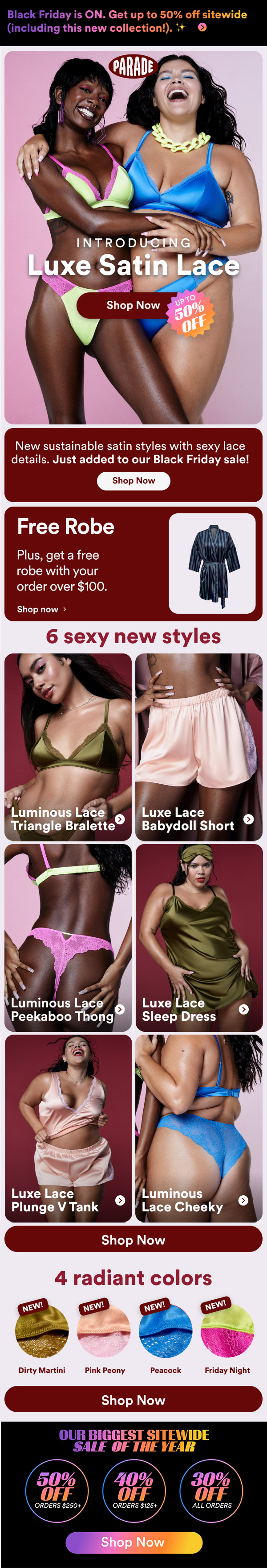 An advertisement showcasing models in satin lingerie and sleepwear, promoting a Black Friday sale with discounts up to 50% off, various styles and colors, and free robes with orders over $100.