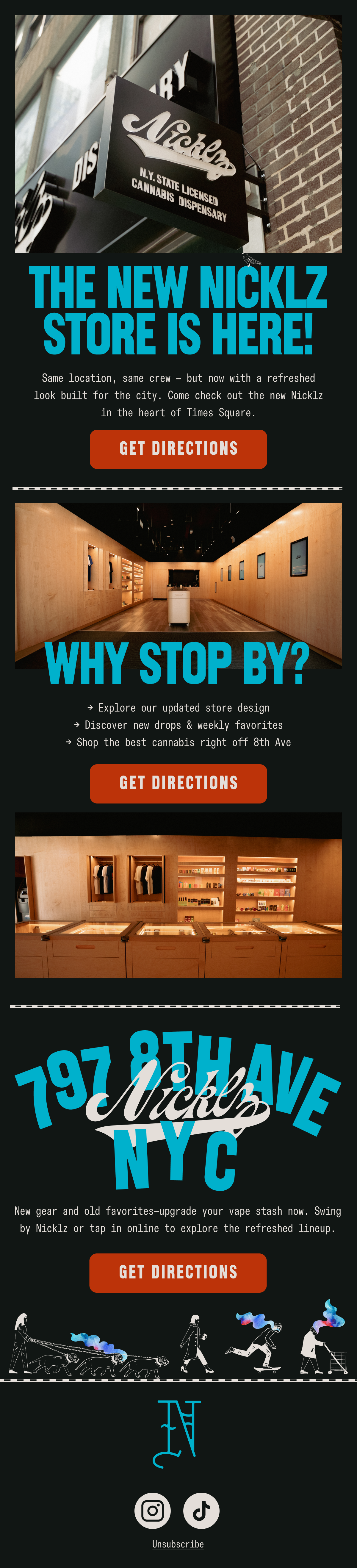 Promotional digital flyer for Nicklz, a cannabis dispensary in NYC. The flyer features images of the store's interior, shelving, and branding, with information about the store's location, new design, product offerings, and online options. It includes