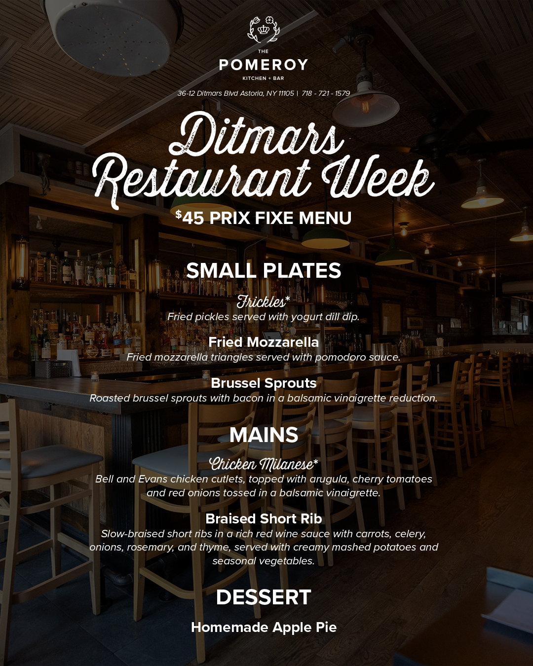 Menu for Ditmars Restaurant Week at The Pomeroy Kitchen + Bar, featuring small plates, mains, and a dessert, on a dark background in a cozy restaurant setting.