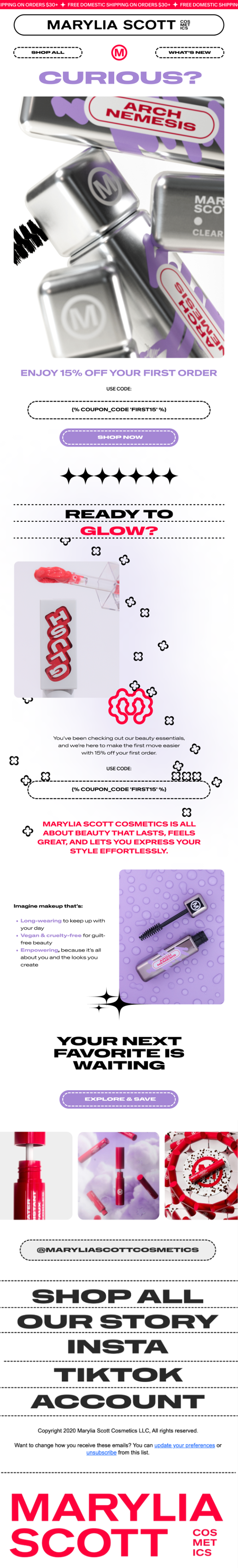 Promotional email for Marylia Scott Cosmetics featuring images of cosmetic products, discount offer, and social media handles.