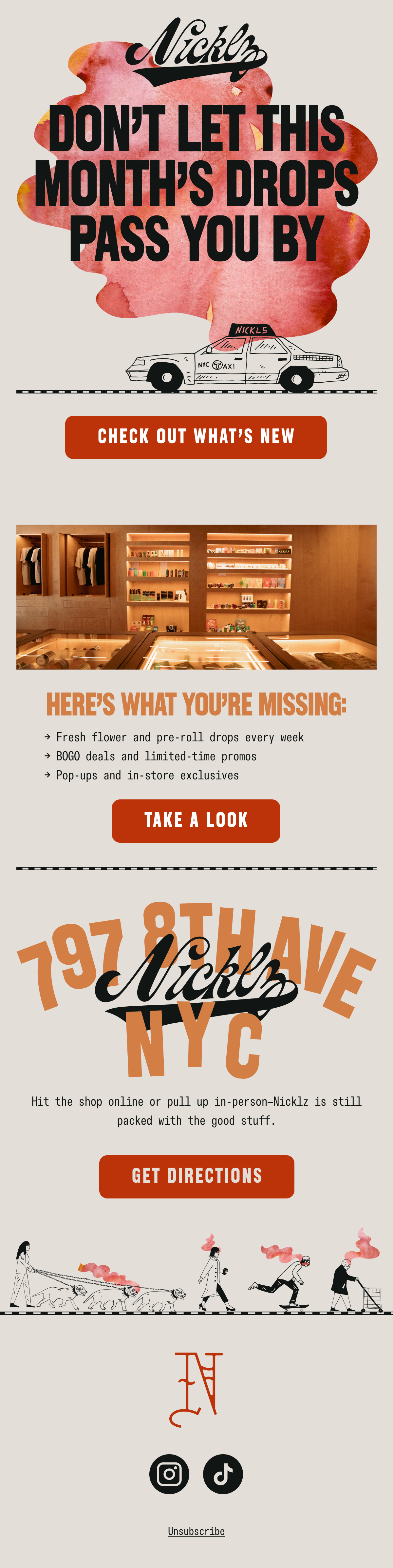 A promotional flyer for Nicklz NYC, featuring a large pink and red watercolor splash background with bold black and orange text about new drops. It includes a graphic of a NYC taxi, calls to action buttons for checking out new items and getting direc