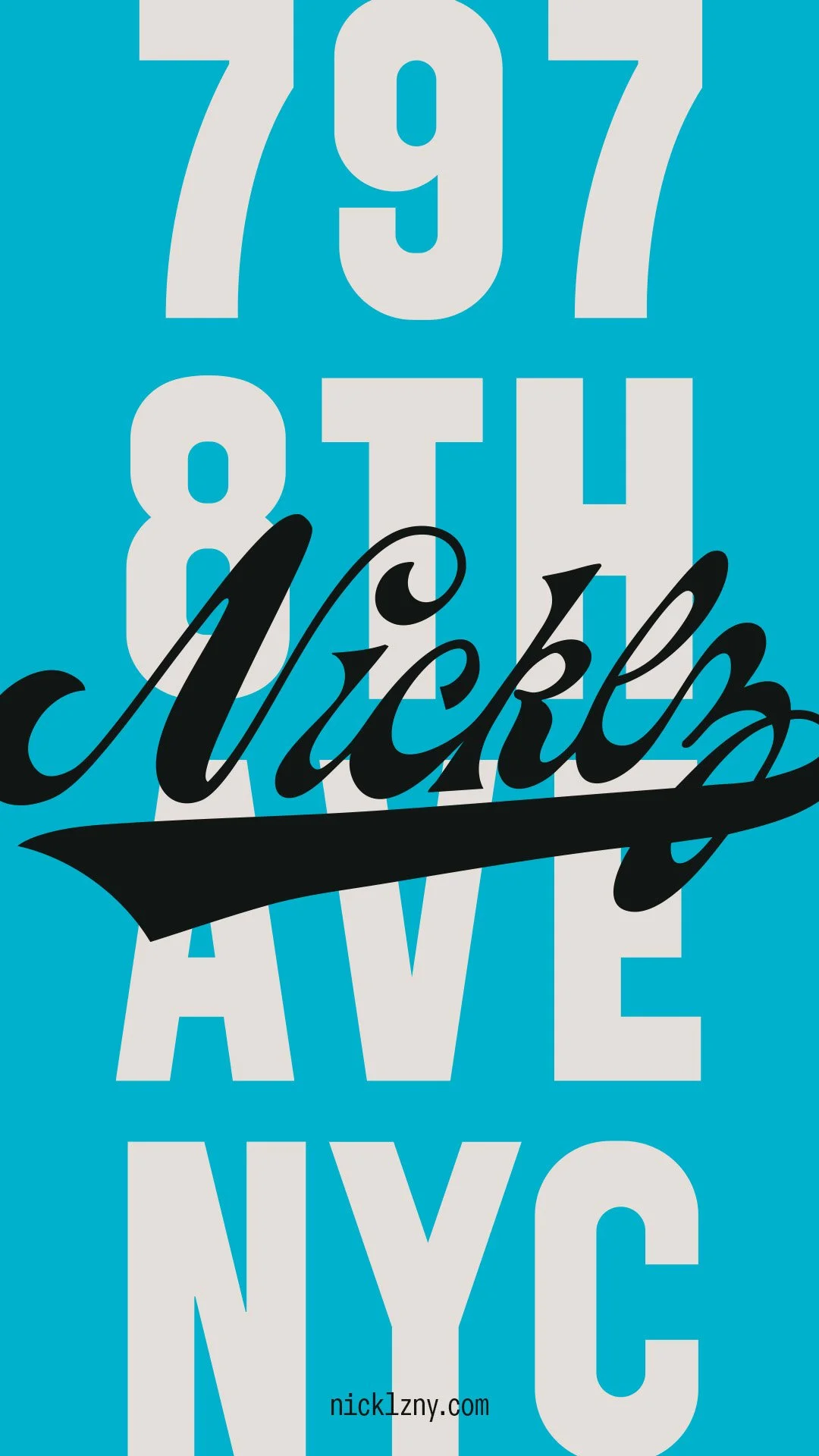 Graphic design featuring large light gray text of New York City boroughs on a blue background with black cursive text 'Nick' and a swoosh underneath.