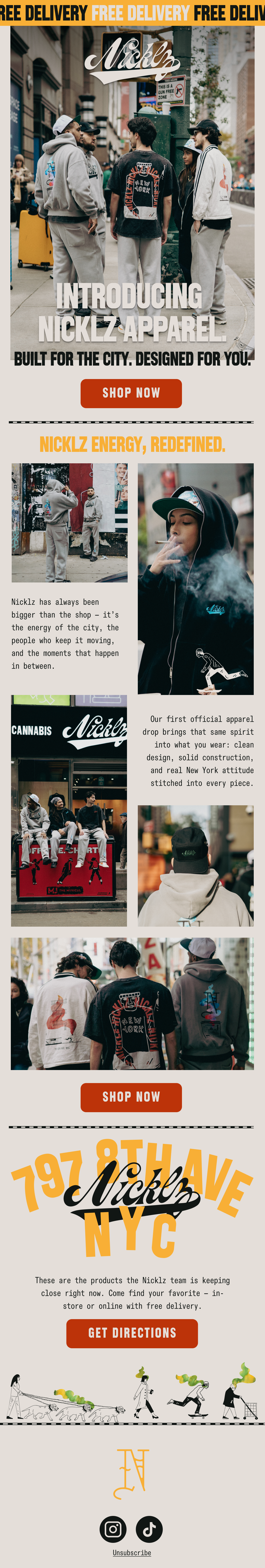 A street scene in New York City featuring a group of young people in casual and streetwear clothing, promoting the Nicklz apparel brand, with signs for free delivery and shop now, and images of products and urban lifestyle.