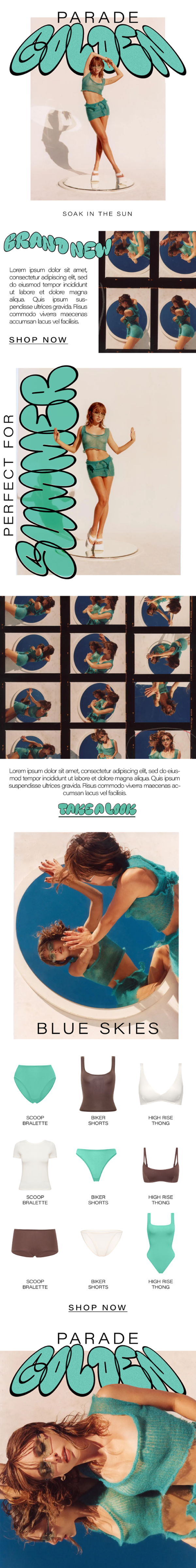 Fashion advertisement featuring a woman in turquoise shorts and top, with various swimwear and clothing items, and a series of photos of her posing and playing by a water slide.