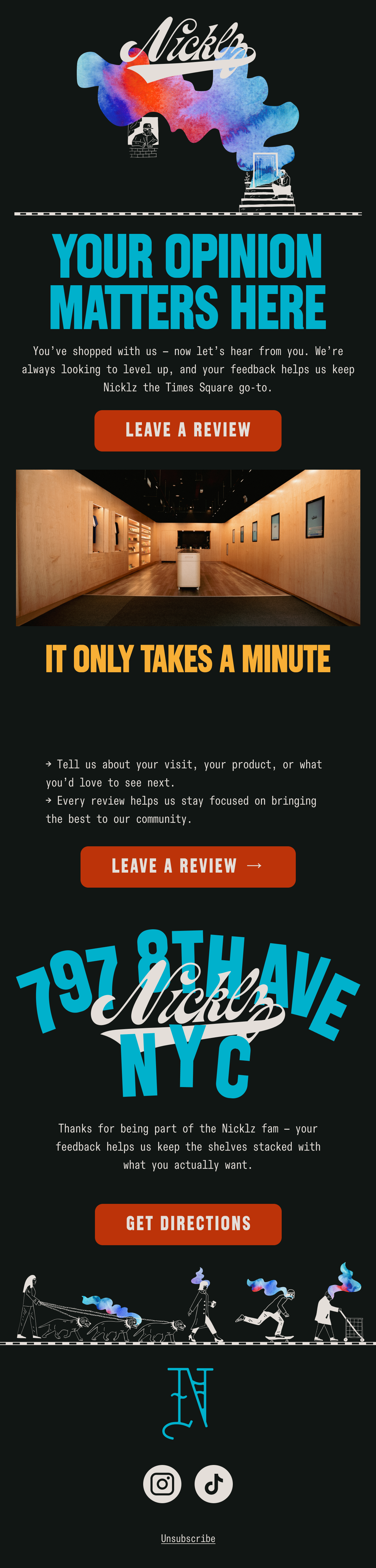 A vertical digital advertisement for Nicklz, a retail store in NYC. The ad features colorful graphics, images of store interior, and prompts for reviews and directions. It emphasizes customer feedback and community engagement.