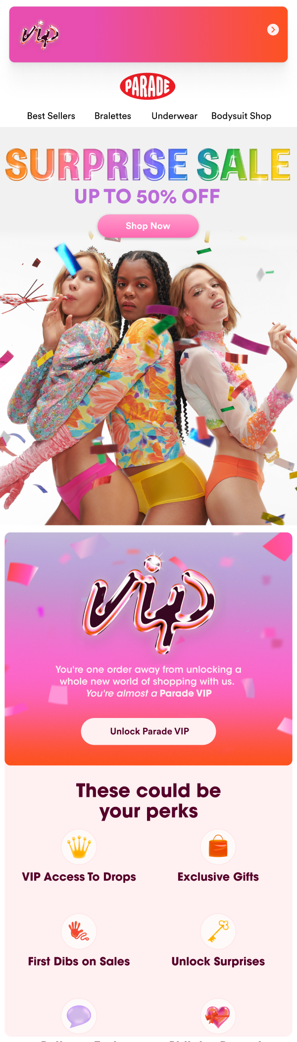 Online clothing sale advertisement featuring three women wearing colorful, revealing outfits celebrating a surprise sale with confetti, banners showcasing discounts up to 50%, and a pink 'Shop Now' button.