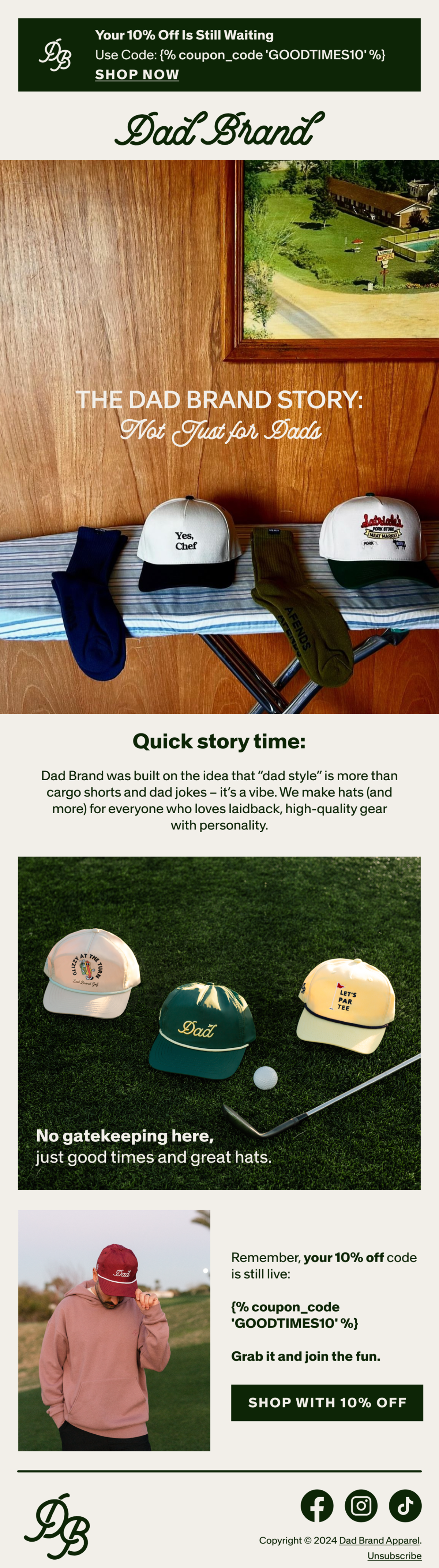 An advertisement for Dad Brand clothing featuring hats and gear for dads, with a wooden wall and grassy field background, and a person wearing a Dad Brand hat in the lower section.