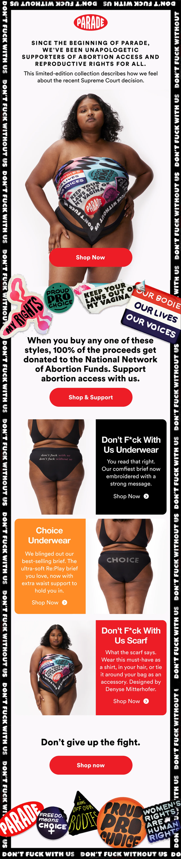 An advertisement for a clothing brand called Parade promoting abortion rights, featuring a plus-size woman wearing a colorful, patterned strapless top with slogans supporting abortion rights, and matching underwear with similar messaging. Around her 