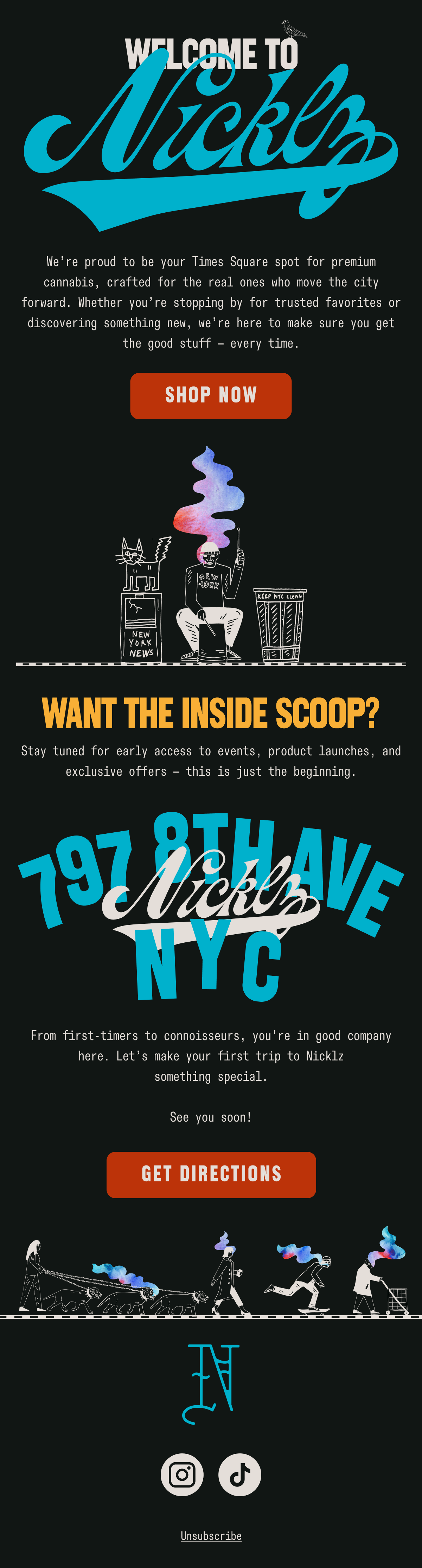 Promotional flyer for Nicklz in New York City with text encouraging cannabis shopping and events, featuring graphics of people, animals, and smoke, with social media icons for Instagram and TikTok.