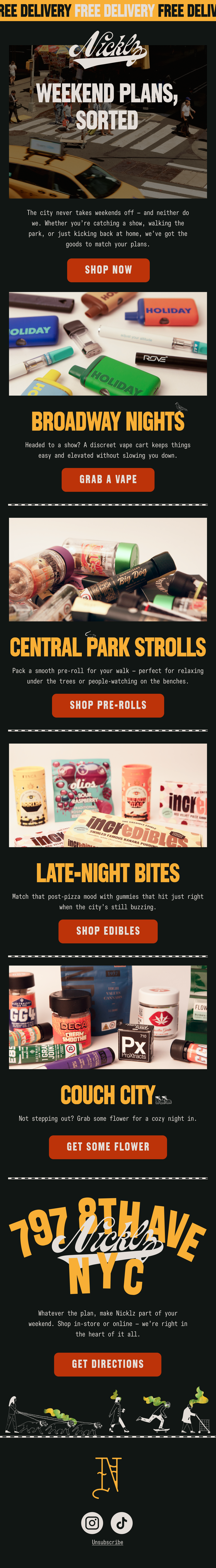 A vertical advertisement webpage for Nickel's weekend plans, featuring sections on North Brooklyn nightlife, street strollers in Central Park, late-night snacks, and flower shopping in Coney Island, NYC. Includes buttons for shopping, directions, and