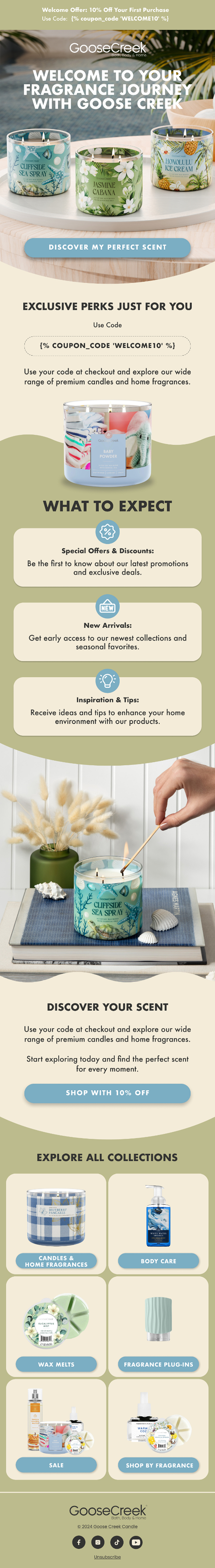 An advertisement for Goose Creek Candles showcasing scented candles, home fragrance products, and body care items, with discounts, new arrivals, and tips for home ambiance.