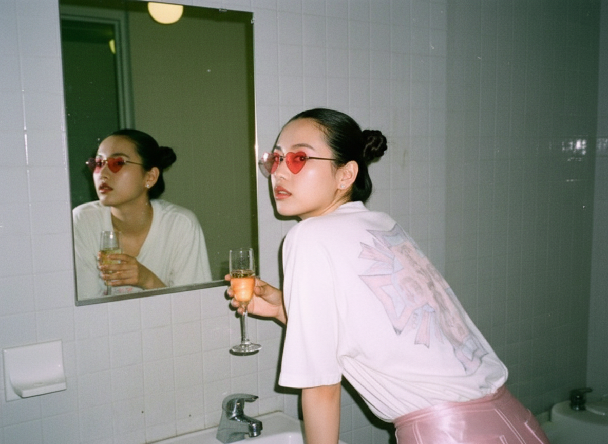 A young woman with black hair tied in buns, wearing red-tinted heart-shaped glasses, a white T-shirt, and pink satin pants, standing in front of a bathroom mirror holding a glass of champagne.