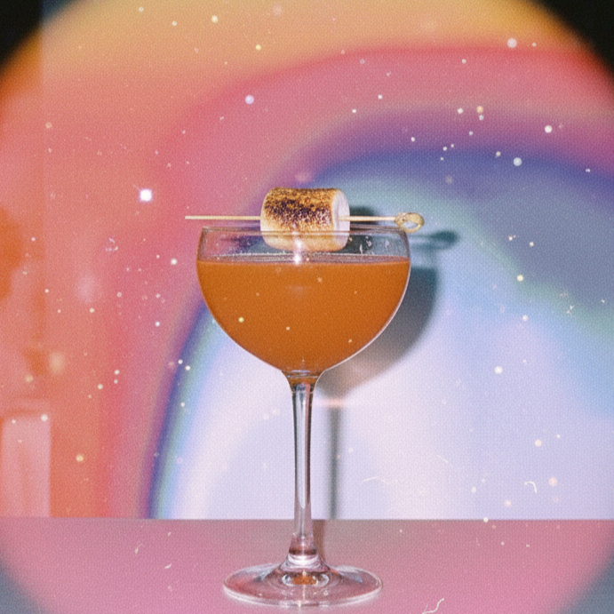 Martini glass with an orange cocktail garnished with a gold-glittered marshmallow on a skewer, against a colorful, cosmic background with sparkles.