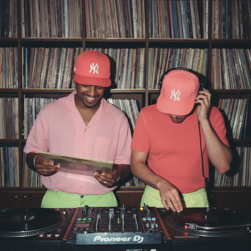 Two male DJs wearing pink hats and shirts, standing behind DJ equipment in front of a bookshelf filled with vinyl records, one reading a vinyl record and the other adjusting his headphones.