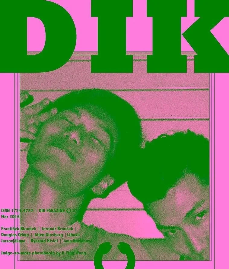 A digitally altered photograph of two people with closed eyes and relaxed expressions, over a pink background with large green text and small green print, resembling an artistic or magazine cover.