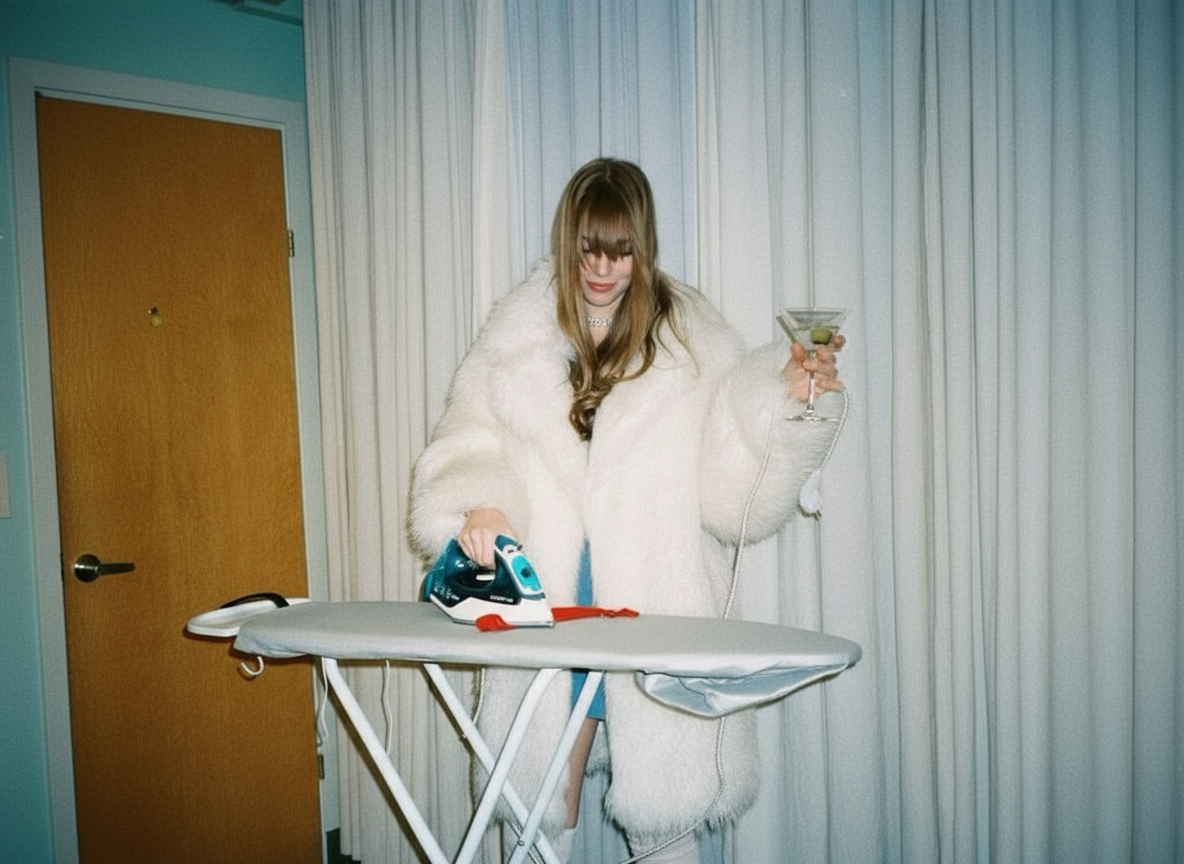A woman in a white fur coat ironing clothes on an ironing board, holding a cocktail glass with a lime.