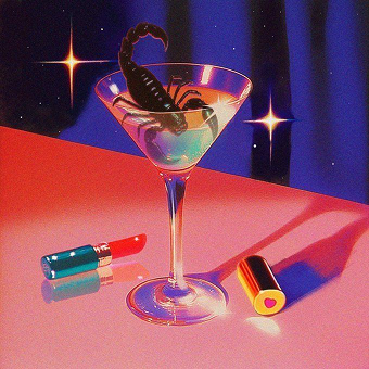A cocktail glass with a scorpion inside, placed on a pink surface with two lipstick tubes nearby, against a dark night sky with stars.