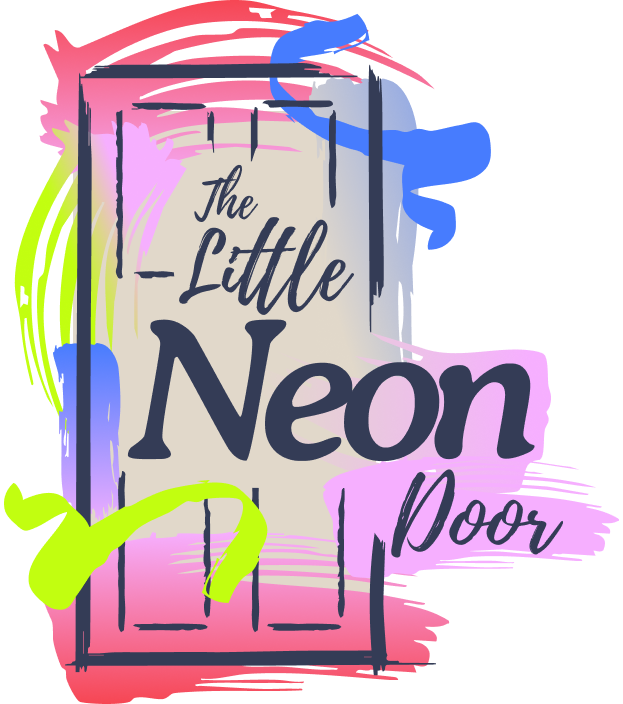 Colorful illustration of a door with the text "The Little Neon Door" in stylised fonts, featuring bright pink, blue, and yellow hues.