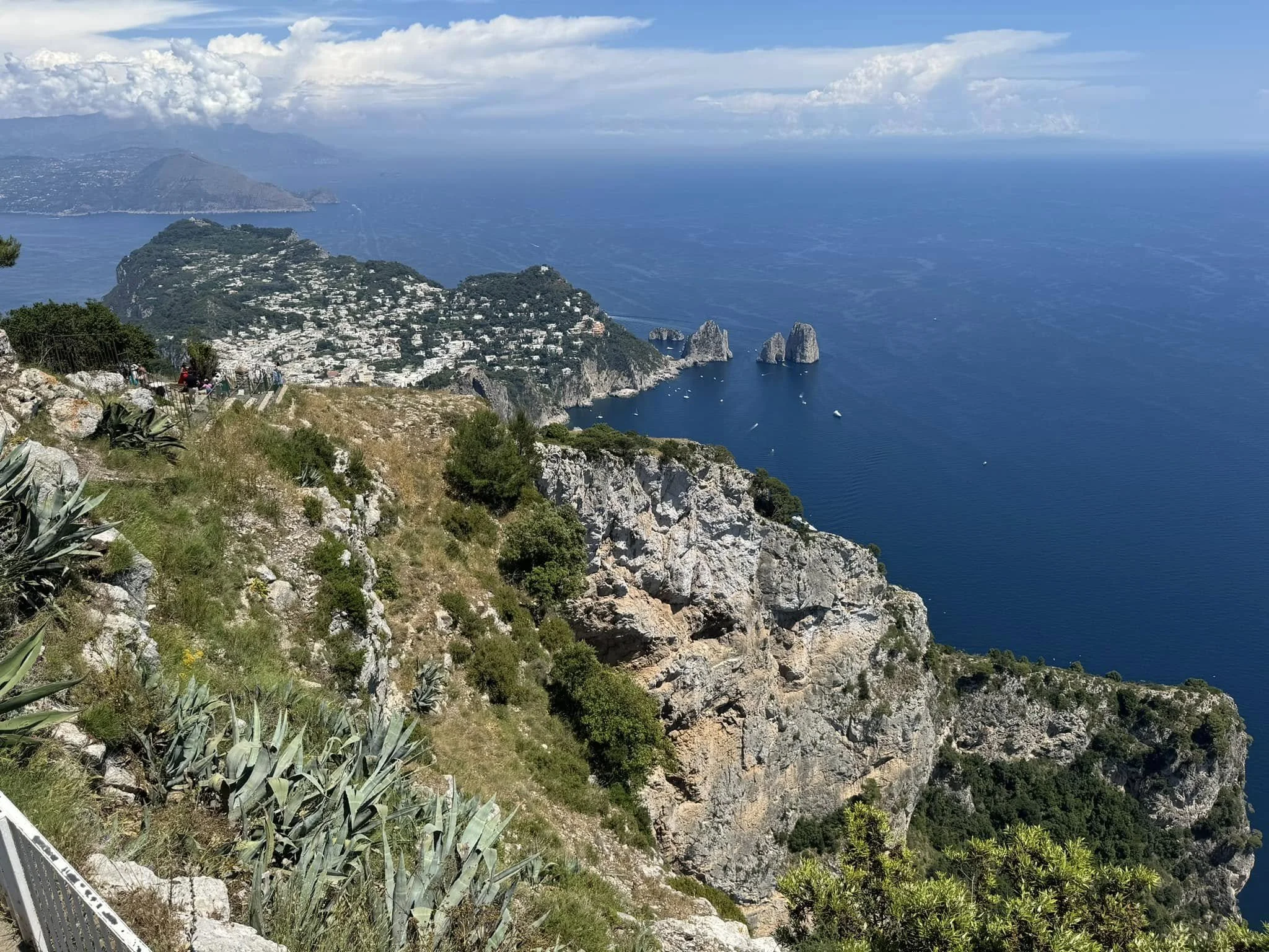Cliffside view of a coastal area with rocky terrain, green vegetation, and small buildings. The ocean with small boats and rock formations in the distance, under partly cloudy skies.