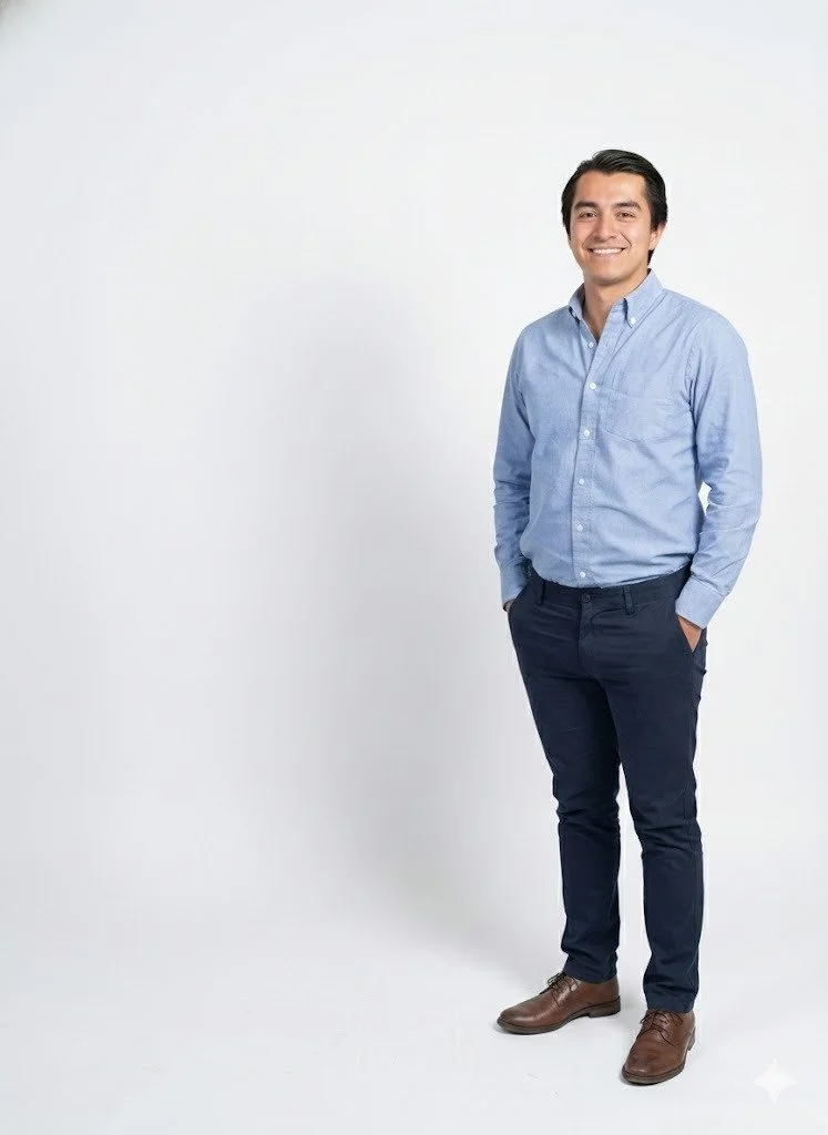 Hombre vestido con camisa azul y pantalones oscuros, sonriendo y con las manos en los bolsillos, de pie frente a un fondo blanco.