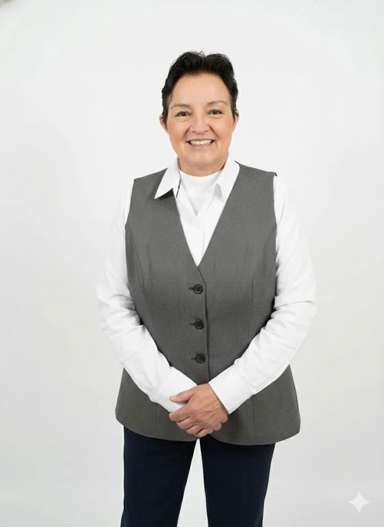 Mujer sonriendo con camisa blanca, chaleco gris y pantalones oscuros contra fondo blanco.