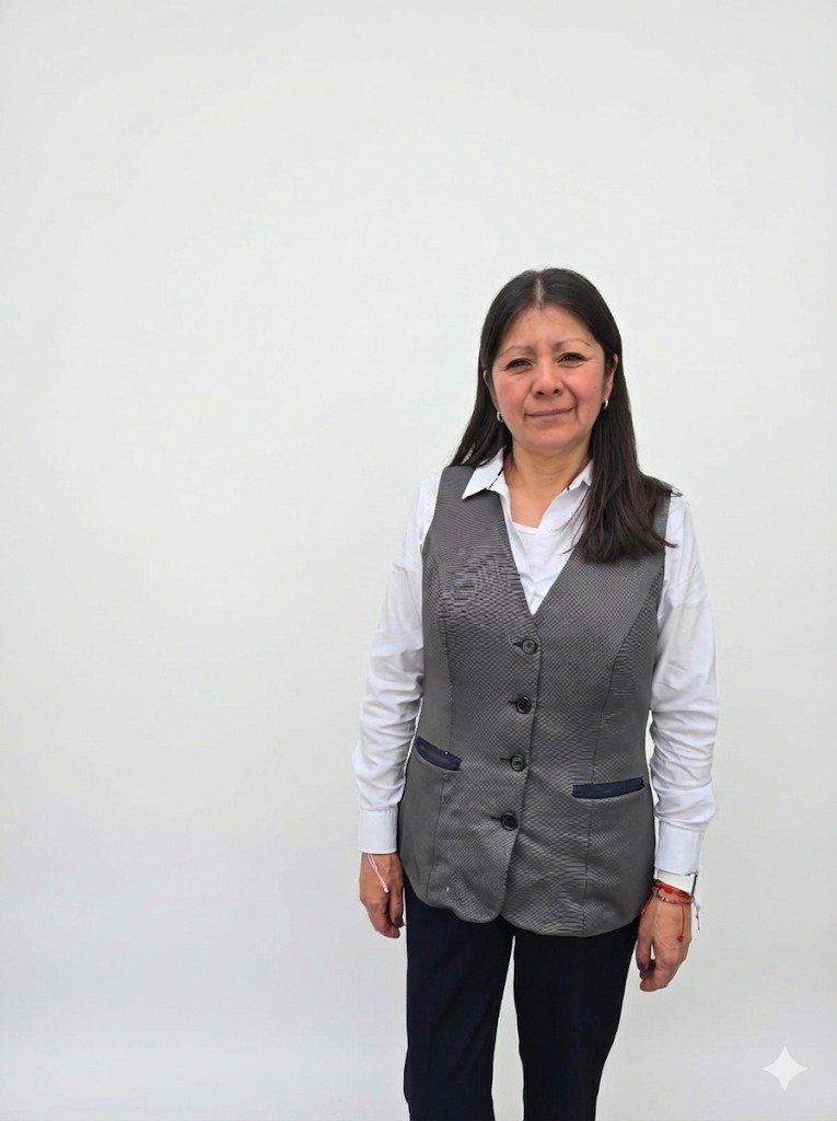 Mujer de cabello largo y oscuro, vestida con camisa blanca y chaleco gris, de pie contra una pared blanca, con expresión facial triste.