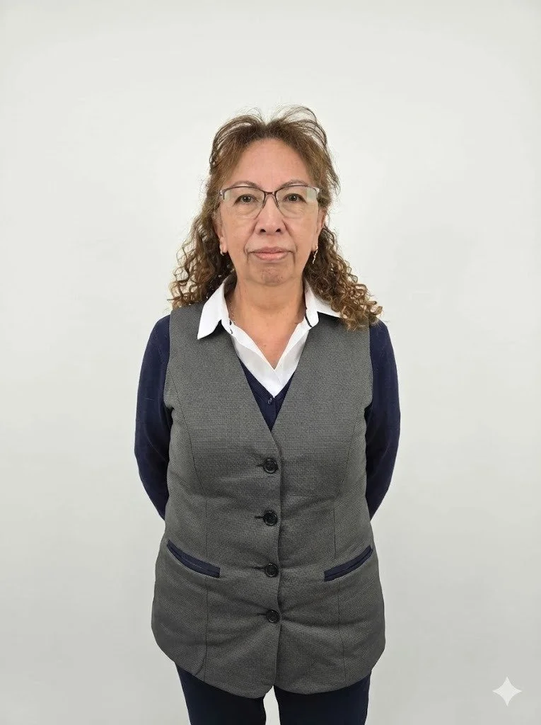 Mujer adulta con gafas, cabello rizado, vestido gris con chaqueta blanca y camisa azul, posando en fondo blanco.