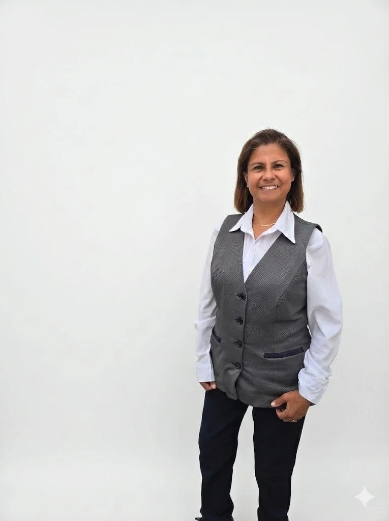 Mujer de cabello castaño claro, sonrisa, vestida con camisa blanca y chaleco gris, pantalones oscuros, de pie frente a una pared blanca.