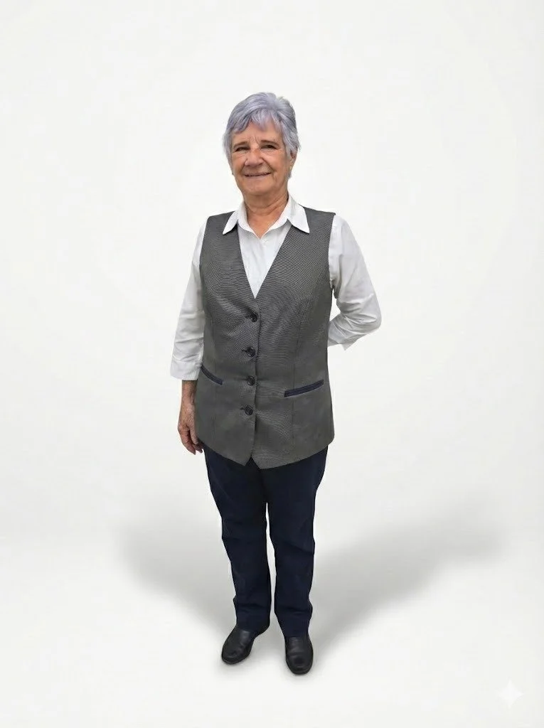 Mujer mayor con cabello gris, vestida con camisa blanca, chaleco gris y pantalones oscuros, sonriendo de pie frente a fondo blanco.