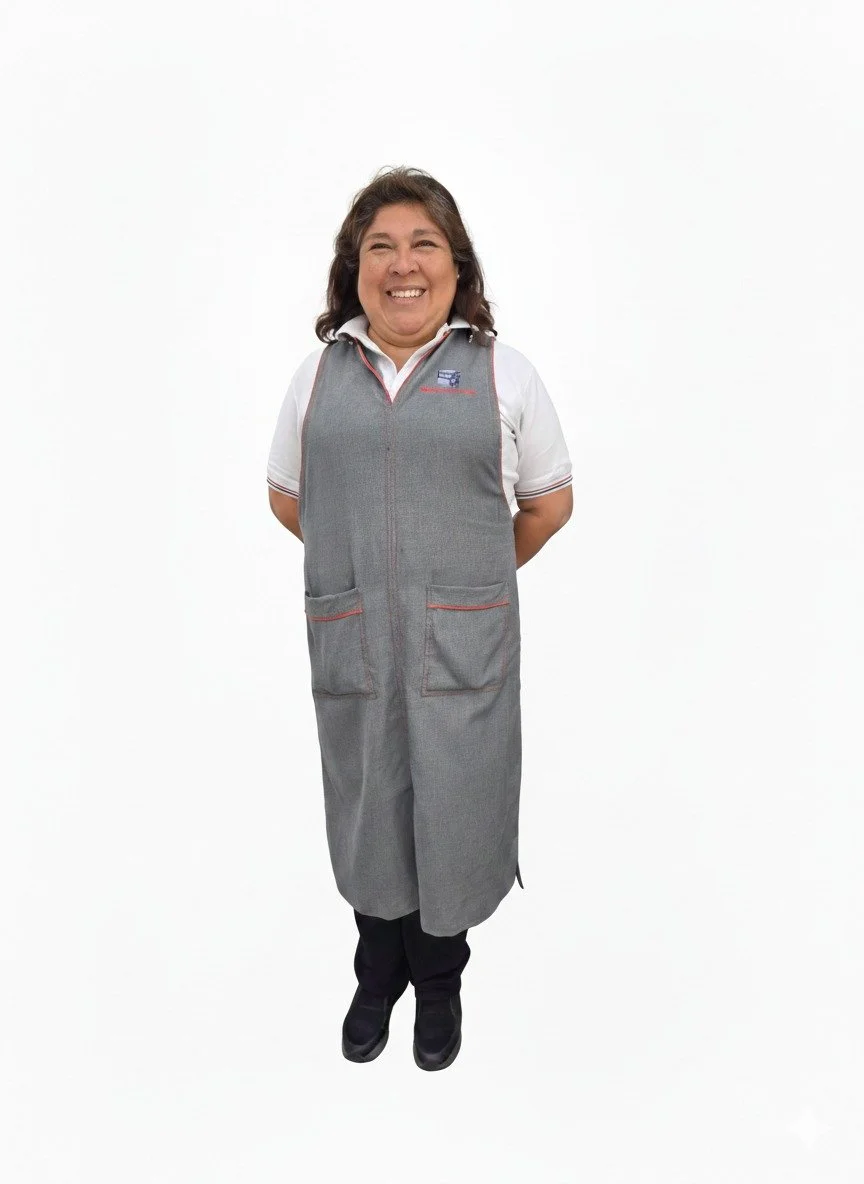 Mujer sonriendo, vestida con uniforme de trabajo, con una bata o delantal gris y camiseta blanca bajo ella, de pie frente a un fondo blanco.