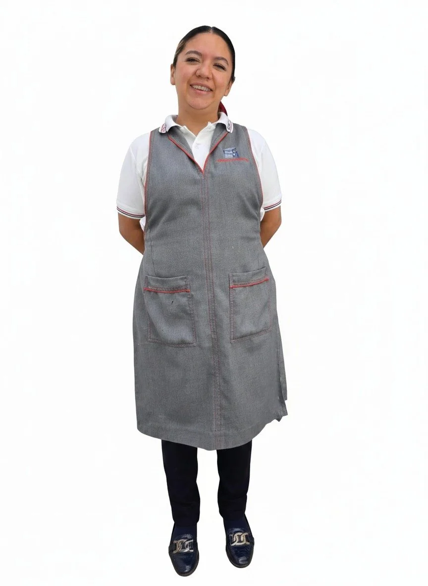 Mujer con uniforme escolar, camiseta blanca y delantal gris, sonriendo, fondo blanco.