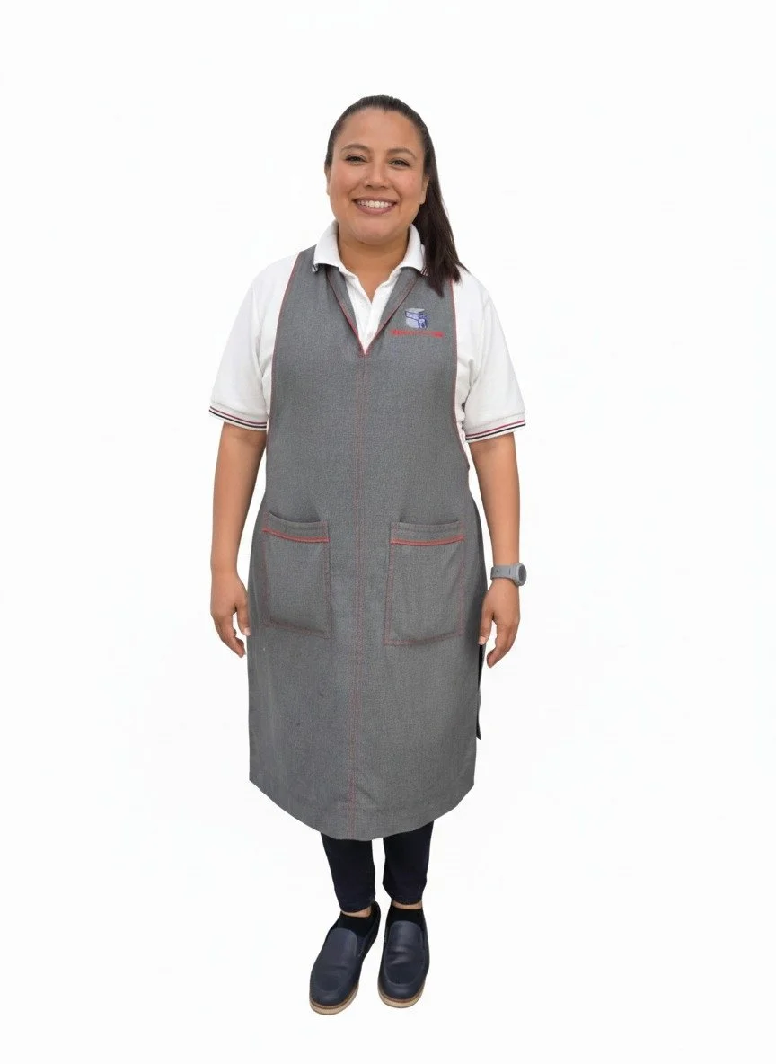 Mujer con uniforme gris y camisa blanca, sonriendo, de pie contra un fondo blanco.